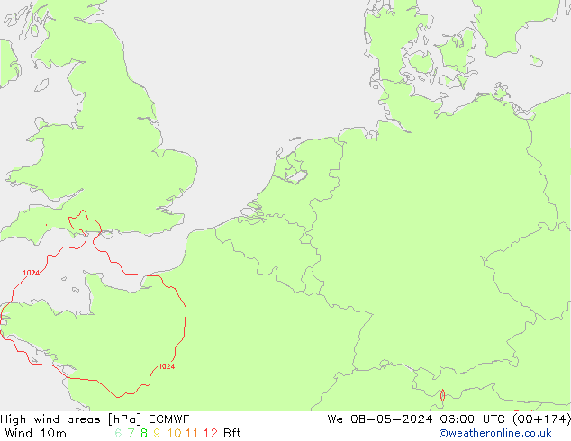 High wind areas ECMWF Qua 08.05.2024 06 UTC