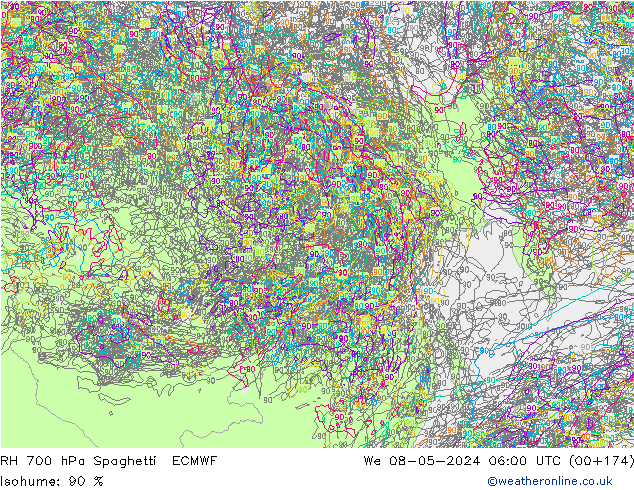 RH 700 hPa Spaghetti ECMWF śro. 08.05.2024 06 UTC