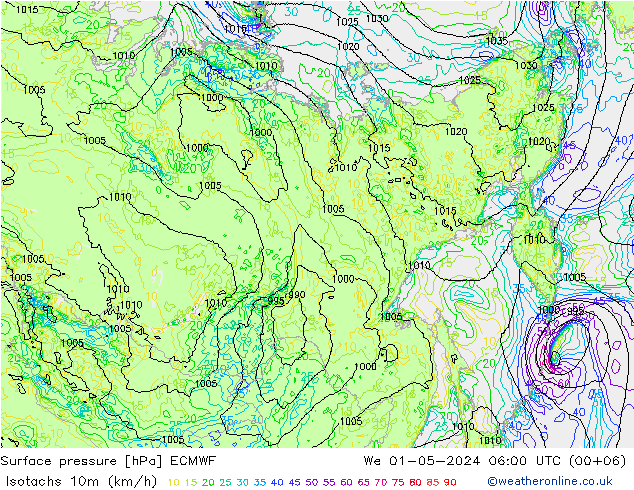 Isotachs (kph) ECMWF St 01.05.2024 06 UTC