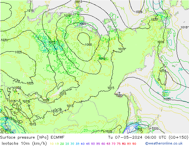 Eşrüzgar Hızları (km/sa) ECMWF Sa 07.05.2024 06 UTC