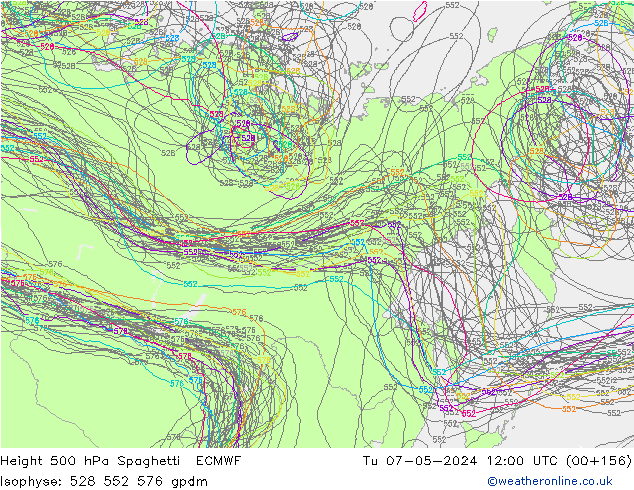 Hoogte 500 hPa Spaghetti ECMWF di 07.05.2024 12 UTC