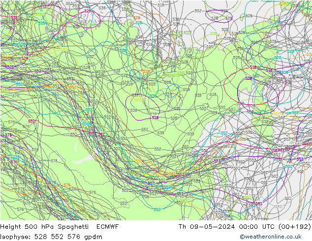 Height 500 hPa Spaghetti ECMWF Čt 09.05.2024 00 UTC