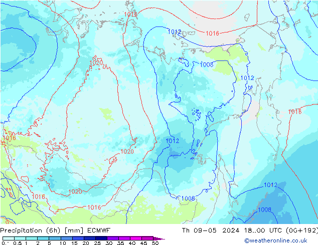 Precipitation (6h) ECMWF Čt 09.05.2024 00 UTC