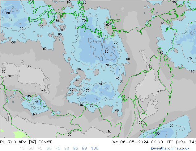 RH 700 hPa ECMWF śro. 08.05.2024 06 UTC