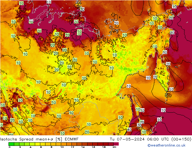 Isotachs Spread ECMWF Út 07.05.2024 06 UTC