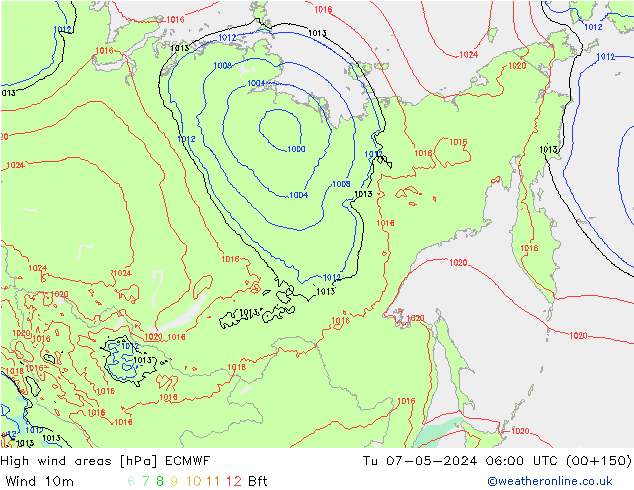 High wind areas ECMWF Út 07.05.2024 06 UTC