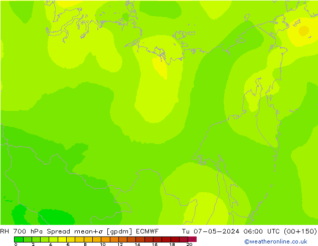 700 hPa Nispi Nem Spread ECMWF Sa 07.05.2024 06 UTC