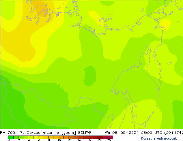 RH 700 hPa Spread ECMWF śro. 08.05.2024 06 UTC