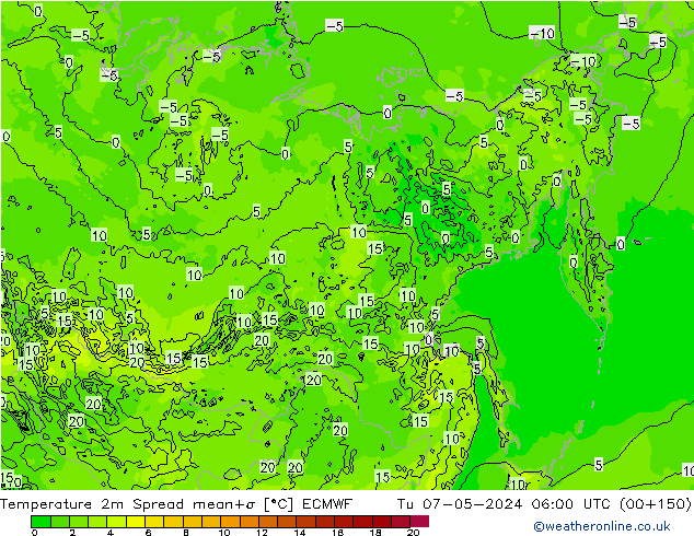 Sıcaklık Haritası 2m Spread ECMWF Sa 07.05.2024 06 UTC