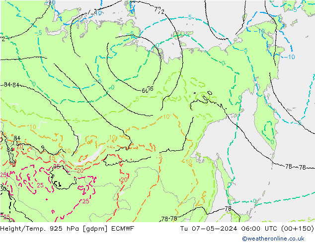 Yükseklik/Sıc. 925 hPa ECMWF Sa 07.05.2024 06 UTC