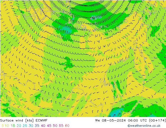 wiatr 10 m ECMWF śro. 08.05.2024 06 UTC