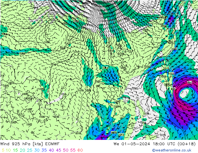 wiatr 925 hPa ECMWF śro. 01.05.2024 18 UTC