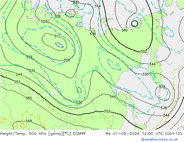 Height/Temp. 500 hPa ECMWF We 01.05.2024 12 UTC