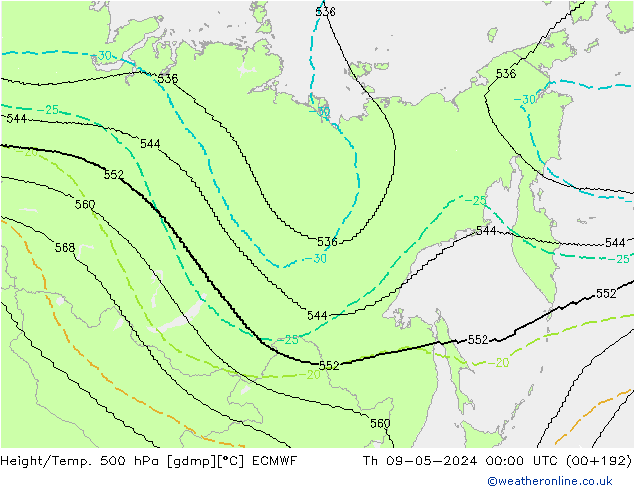 Height/Temp. 500 hPa ECMWF Čt 09.05.2024 00 UTC