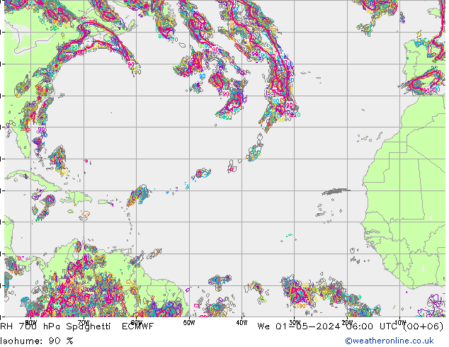 RH 700 hPa Spaghetti ECMWF We 01.05.2024 06 UTC