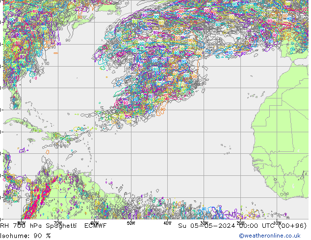 RH 700 hPa Spaghetti ECMWF Su 05.05.2024 00 UTC