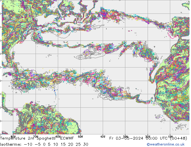 Temperatura 2m Spaghetti ECMWF vie 03.05.2024 00 UTC