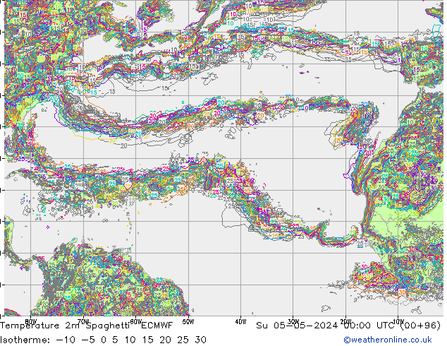 Temperature 2m Spaghetti ECMWF Su 05.05.2024 00 UTC