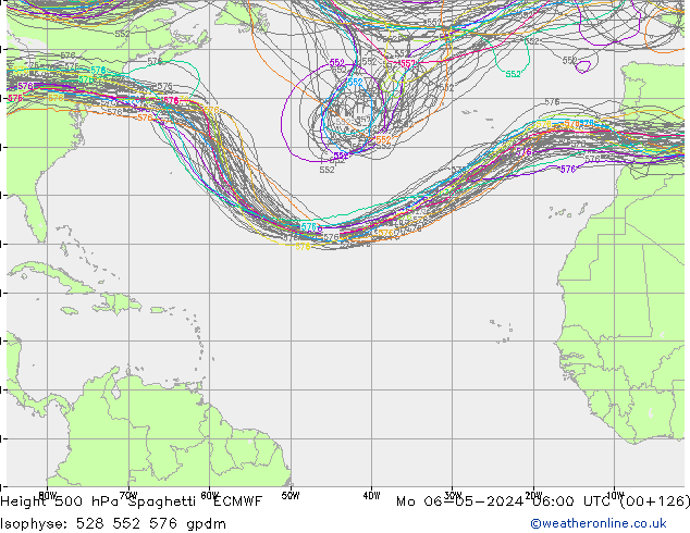 Height 500 hPa Spaghetti ECMWF lun 06.05.2024 06 UTC