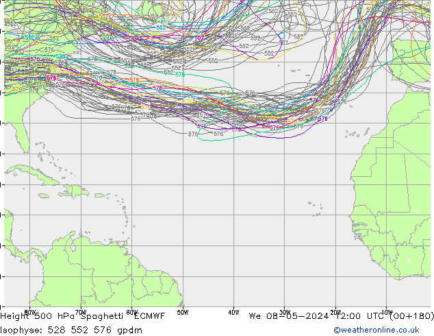 Height 500 hPa Spaghetti ECMWF We 08.05.2024 12 UTC