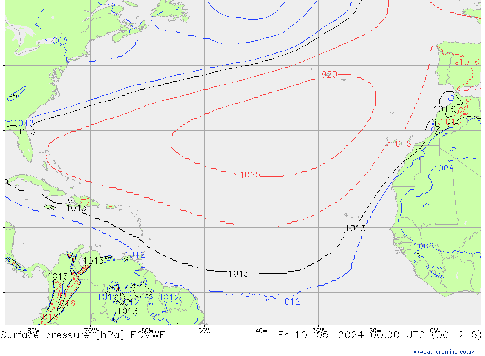 Presión superficial ECMWF vie 10.05.2024 00 UTC