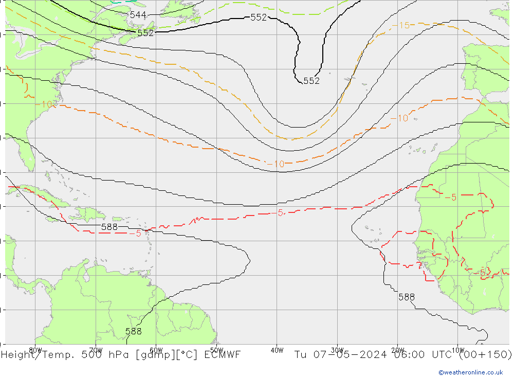 Height/Temp. 500 hPa ECMWF wto. 07.05.2024 06 UTC