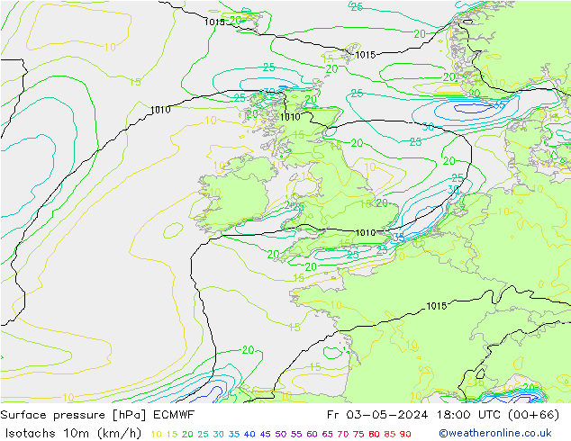 Isotachs (kph) ECMWF пт 03.05.2024 18 UTC