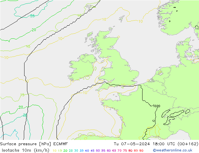 Isotachs (kph) ECMWF Tu 07.05.2024 18 UTC