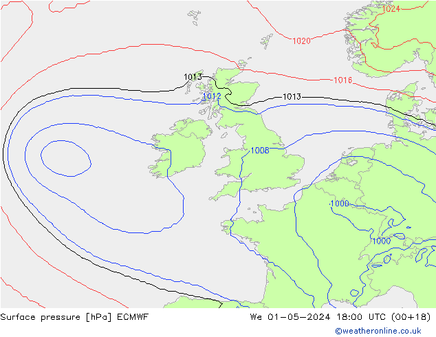 Luchtdruk (Grond) ECMWF wo 01.05.2024 18 UTC