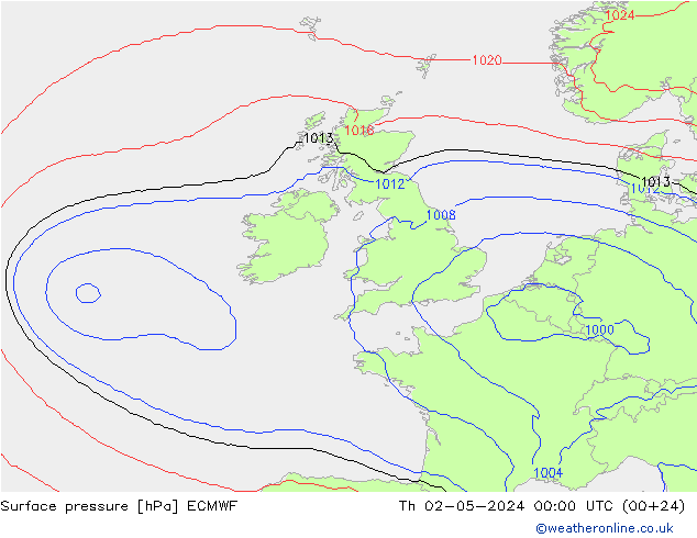 pressão do solo ECMWF Qui 02.05.2024 00 UTC