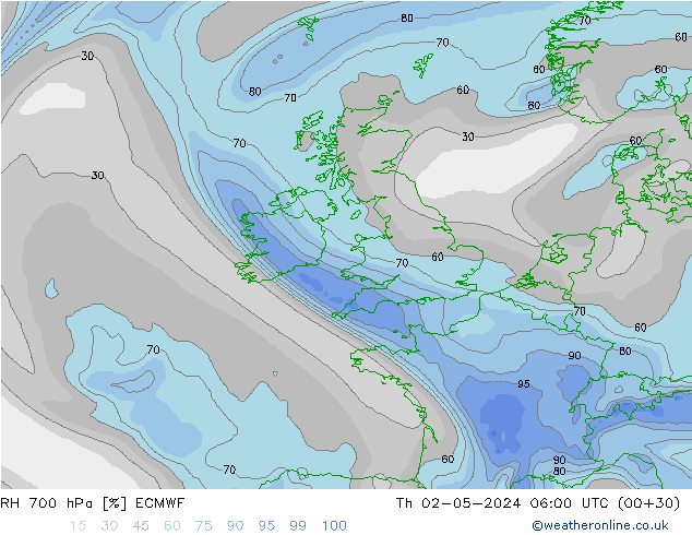 RH 700 hPa ECMWF Th 02.05.2024 06 UTC