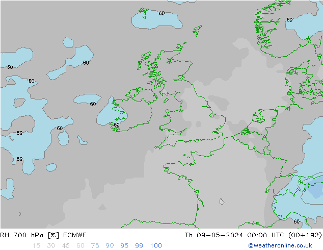 RH 700 гПа ECMWF чт 09.05.2024 00 UTC