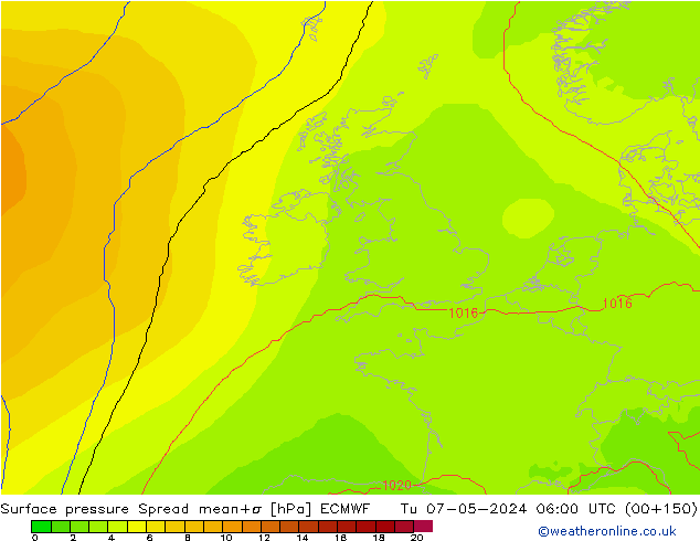 Surface pressure Spread ECMWF Tu 07.05.2024 06 UTC