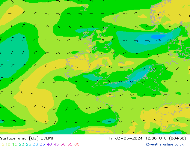 Surface wind ECMWF Pá 03.05.2024 12 UTC