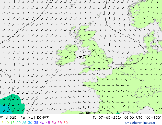 Wind 925 hPa ECMWF Út 07.05.2024 06 UTC