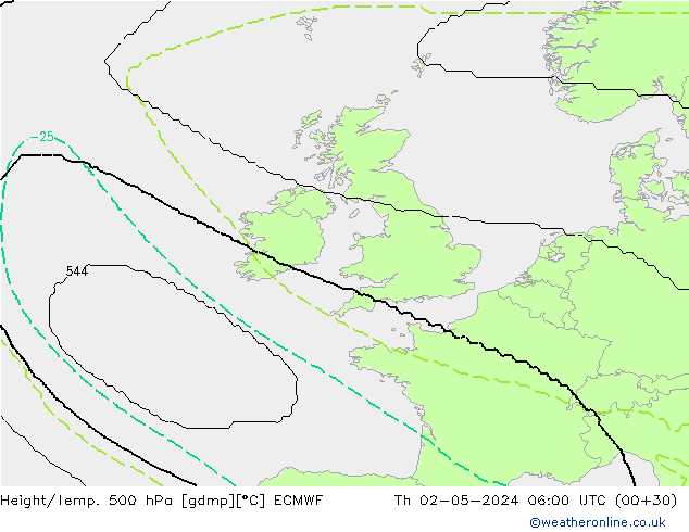 Height/Temp. 500 hPa ECMWF gio 02.05.2024 06 UTC