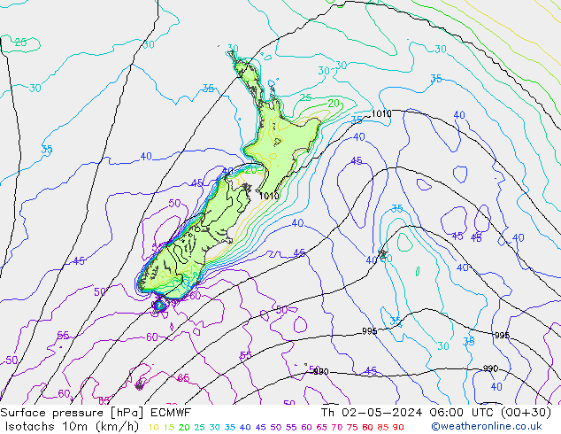 Izotacha (km/godz) ECMWF czw. 02.05.2024 06 UTC