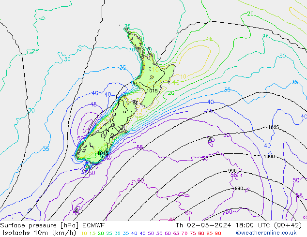 Isotachs (kph) ECMWF Th 02.05.2024 18 UTC