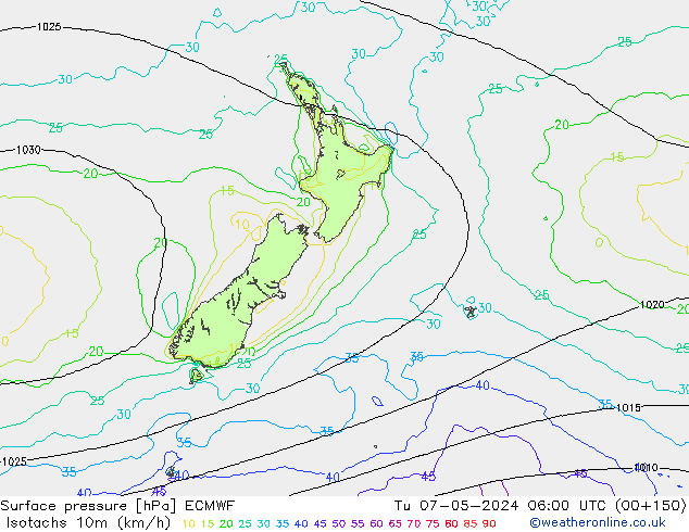 Isotachs (kph) ECMWF  07.05.2024 06 UTC