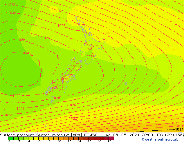 Luchtdruk op zeeniveau Spread ECMWF wo 08.05.2024 00 UTC