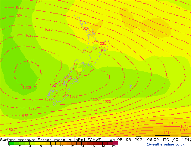 Surface pressure Spread ECMWF We 08.05.2024 06 UTC