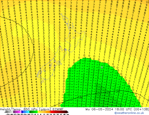 Height/Temp. 850 hPa ECMWF Mo 06.05.2024 18 UTC