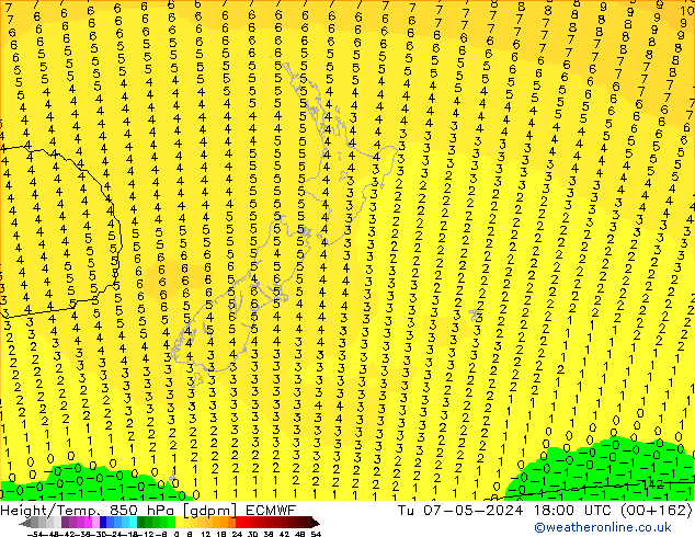 Hoogte/Temp. 850 hPa ECMWF di 07.05.2024 18 UTC