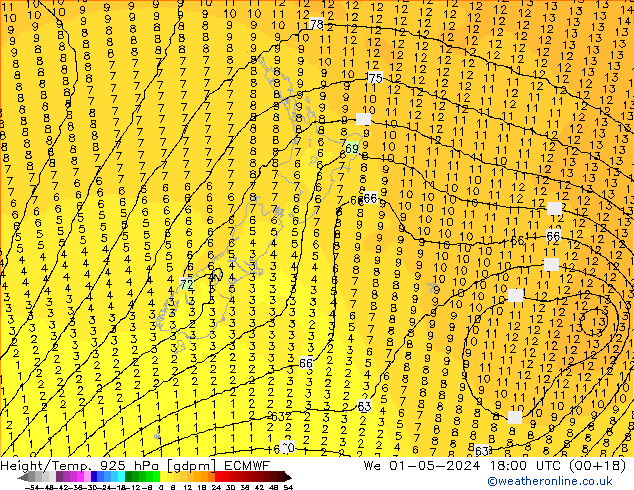 Height/Temp. 925 hPa ECMWF We 01.05.2024 18 UTC