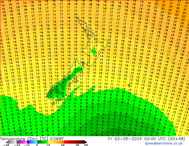 Temperatura (2m) ECMWF ven 03.05.2024 00 UTC