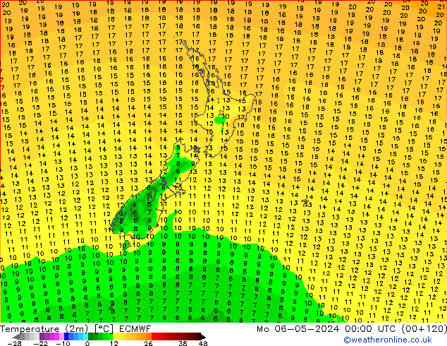 Temperatuurkaart (2m) ECMWF ma 06.05.2024 00 UTC