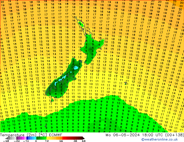 Temperature (2m) ECMWF Mo 06.05.2024 18 UTC