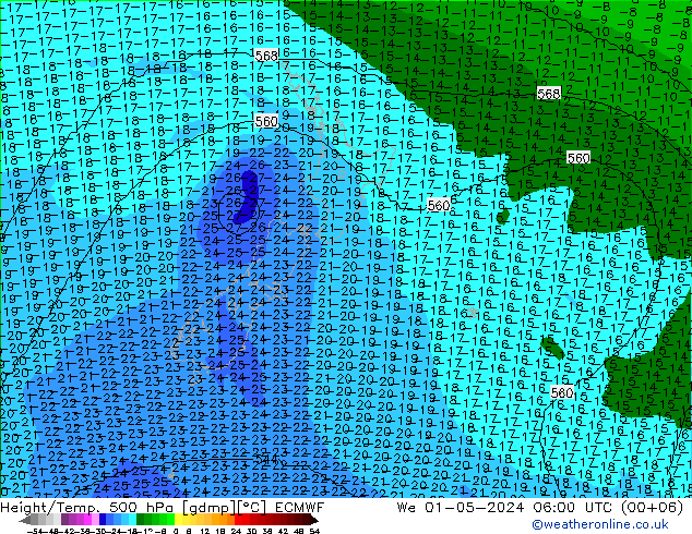 Height/Temp. 500 hPa ECMWF mer 01.05.2024 06 UTC