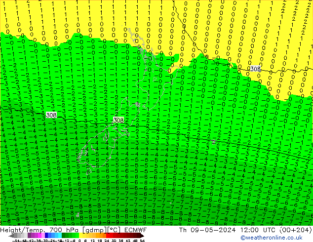 Height/Temp. 700 гПа ECMWF чт 09.05.2024 12 UTC