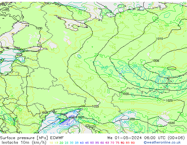 Isotachs (kph) ECMWF mer 01.05.2024 06 UTC